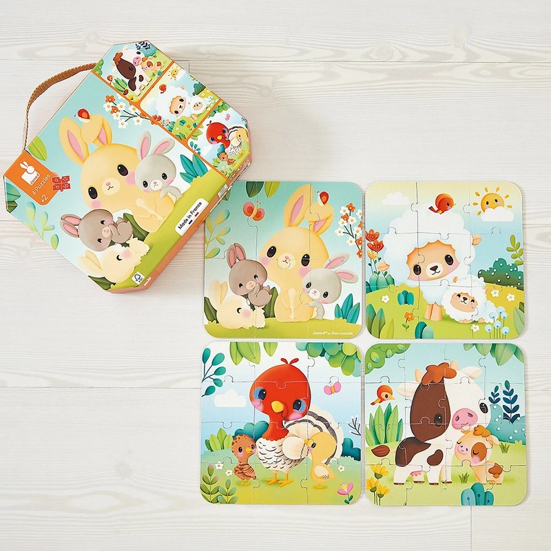 Set 4 puzzle evolutivi per bambini dai 2 anni in su a tema animali della fattoria: da 6, a 9, a 12 a 16 pezzi